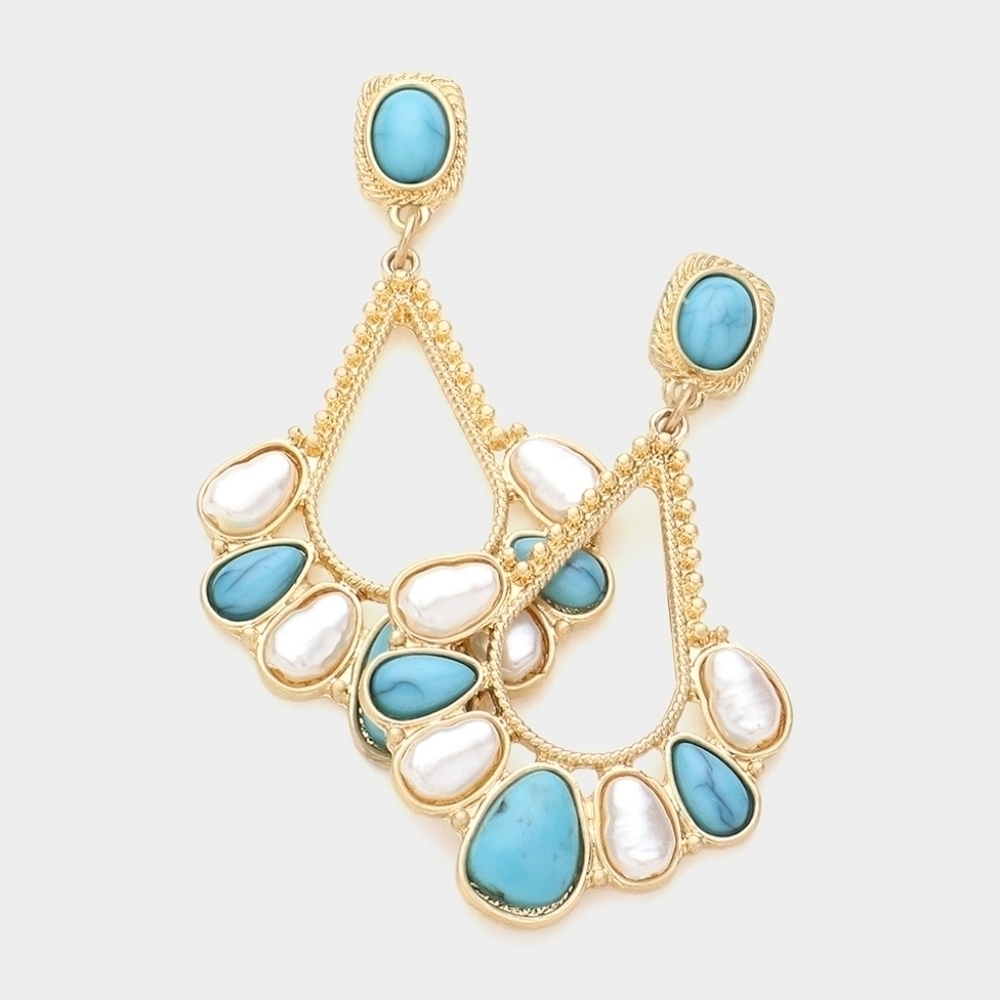 NEW Teardrop t Turquoise Stone Pearl Embellished Dangle Earrings